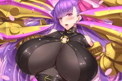Rule 34 | 10s, 1girl, akitsuki karasu, belt collar, breasts, claws, collar, fate/extra, fate/extra ccc, fate/grand order, fate (series), gigantic breasts, hair ribbon, long hair, o-ring, o-ring top, passionlip (fate), pink eyes, pink ribbon, purple hair, purple ribbon, ribbon, solo, very long hair