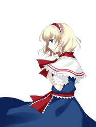Rule 34 | 1girl, akimatsu, alice margatroid, blonde hair, blue eyes, capelet, cowboy shot, dress, hairband, hand on own chest, highres, lolita hairband, parted lips, profile, puffy short sleeves, puffy sleeves, ribbon, sash, short hair, short sleeves, simple background, solo, touhou, white background
