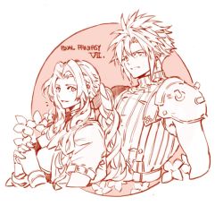 1boy 1girl aerith_gainsborough armor blush bracelet braid choker circle_background cloud_strife cropped_jacket final_fantasy final_fantasy_vii final_fantasy_vii_remake flower hair_ribbon jewelry monochrome own_hands_clasped papajay_(jennygin2) parted_bangs ribbon ribbon_choker shoulder_armor sidelocks sleeveless sleeveless_turtleneck spiked_hair square_enix suspenders turtleneck wavy_hair