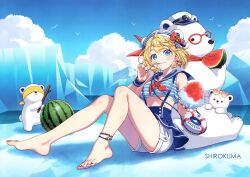 Rule 34 | 1girl, absurdres, anchor symbol, animal, anklet, barefoot, bear, blindfold, blonde hair, blue eyes, blue sky, breasts, buttons, day, earrings, fingernails, food, fruit, full body, glasses, gradient sky, hat, heart, heart-shaped eyewear, highres, holding, holding spoon, ice, jewelry, lips, looking at viewer, midriff, morikura en, nail polish, original, outdoors, peaked cap, polar bear, red-framed eyewear, ribbon, sailor collar, scan, shaved ice, short hair, simple background, sitting, sky, sleeveless, small breasts, smile, spoon, stick, striped, sunglasses, suspenders, toenail polish, toenails, toes, water, watermelon, watermelon slice, white fur, wrist cuffs