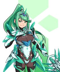 Rule 34 | 1girl, breasts, chest jewel, earrings, gem, gloves, greek text, green hair, highres, i llius, jewelry, large breasts, long hair, neon trim, pneuma (xenoblade), ponytail, solo, swept bangs, sword, tiara, very long hair, weapon