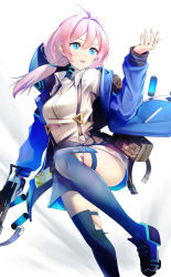 Rule 34 | 1girl, ahoge, arknights, bad id, bad twitter id, black choker, black shorts, black thighhighs, blue eyes, blue jacket, blue poison (arknights), blue poison (elite ii) (arknights), bow (weapon), choker, crossbow, hair between eyes, hair intakes, highres, holding, holding crossbow, holding weapon, hood, hooded jacket, jacket, long sleeves, low twintails, medium hair, open clothes, open jacket, open mouth, pink hair, shirt, shorts, smile, solo, suspenders, thighhighs, twintails, weapon, white shirt, yokaze (yokajie)