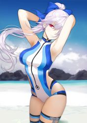 Rule 34 | 1girl, armpits, arms behind head, blue bow, blue one-piece swimsuit, blush, bow, breasts, competition swimsuit, fate/grand order, fate (series), floating hair, hair between eyes, hair bow, highleg, highleg swimsuit, large breasts, lloule, long hair, looking at viewer, one-piece swimsuit, ponytail, red eyes, silver hair, smile, swimsuit, thighs, tomoe gozen (fate), tomoe gozen (swimsuit saber) (fate), tomoe gozen (swimsuit saber) (first ascension) (fate), two-tone swimsuit, white one-piece swimsuit, wind