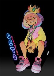 Rule 34 | 1girl, 2gold, cephalopod eyes, chain necklace, crown, full body, grin, hood, hood down, hoodie, inkling, jewelry, mole, mole under mouth, necklace, nintendo, pearl (splatoon), ring, shoes, sitting, smile, sneakers, solo, splatoon (series), splatoon 2, splatoon 2: octo expansion, yellow eyes