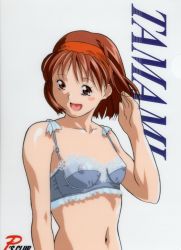 Rule 34 | 1girl, blue bra, blush, bra, breasts, brown eyes, brown hair, character name, hairband, highres, kayama tamami, lingerie, looking at viewer, nipples, open mouth, red hairband, see-through, short hair, small breasts, smile, solo, super real mahjong, tanaka ryou, underwear