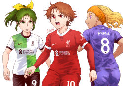 Rule 34 | 3girls, amamiya elena, artist name, black shorts, blonde hair, brown hair, closed mouth, clothes writing, commentary, commentary request, dark-skinned female, dark skin, dated, english commentary, frown, green eyes, green hair, headband, highres, in-franchise crossover, layered sleeves, liverpool fc, long sleeves, medium hair, midorikawa nao, mixed-language commentary, mole, mole under eye, multiple girls, natsuki rin, open mouth, orange headband, ponytail, precure, purple eyes, purple shirt, purple shorts, red eyes, red shirt, red shorts, satou yasu, shirt, short hair, short over long sleeves, short sleeves, shorts, signature, simple background, smile precure!, soccer, soccer uniform, sportswear, star twinkle precure, white background, white shirt, yes! precure 5