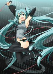 Rule 34 | 1girl, aqua eyes, aqua hair, armpits, arms up, boots, detached sleeves, hatsune miku, highres, jumping, long hair, microphone, n39, necktie, open mouth, skirt, solo, thigh boots, thighhighs, twintails, very long hair, vocaloid