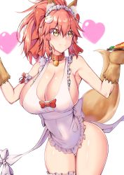 Rule 34 | 1girl, absurdres, alternate breast size, animal ear fluff, animal ears, animal hands, apron, bell, blush, breasts, cat hair ornament, cat paws, cleavage, collar, fang, fate/grand order, fate (series), food, fox ears, fox girl, fox tail, gloves, hair ornament, heart, highres, huge breasts, jingle bell, jo (pixiv29989419), looking away, naked apron, neck bell, paw gloves, pink hair, simple background, solo, tail, tamamo (fate), tamamo cat (fate), tamamo cat (third ascension) (fate), white apron, white background, yellow eyes