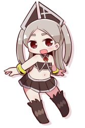 Rule 34 | 1girl, :d, bangle, bare shoulders, black collar, black skirt, black socks, blush, borrowed character, bracelet, chibi, collar, colored shadow, commentary request, detached collar, drop shadow, fang, full body, grey hair, headgear, highres, jewelry, kneehighs, long hair, looking at viewer, midriff, naga u, navel, neck ribbon, open mouth, original, parted bangs, pleated skirt, red eyes, red ribbon, ribbon, shadow, skirt, smile, socks, solo, strapless, thick eyebrows, two side up, very long hair, white background, wing collar