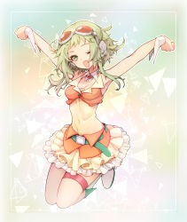 Rule 34 | 1girl, arms up, belt, breasts, detached collar, full body, goggles, goggles on head, green eyes, green hair, gumi, highres, looking at viewer, matching hair/eyes, one eye closed, open mouth, red-tinted eyewear, rococolove, short hair with long locks, skirt, solo, tinted eyewear, vocaloid, wrist cuffs