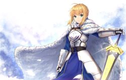 Rule 34 | 1girl, a.t. zero, ahoge, arm at side, armor, armored dress, artoria pendragon (all), artoria pendragon (fate), avalon (fate/stay night), bad id, bad twitter id, blonde hair, blue dress, braid, breastplate, cloak, dress, excalibur (fate/stay night), fate/stay night, fate (series), faulds, french braid, fur cloak, gauntlets, glint, green eyes, hand on hilt, highres, lens flare, light smile, long sleeves, looking at viewer, outstretched arm, parted lips, planted, planted sword, planted weapon, saber (fate), scabbard, sheath, sheathed, short hair, sidelocks, solo, standing, sword, weapon, white background, white cloak, wind