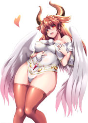 Rule 34 | 1girl, akura (arc the lad), arc the lad, arc the lad ii, breasts, closed mouth, highres, horns, large breasts, leotard, long hair, looking at viewer, red hair, simple background, smile, solo, thighhighs, tokyo (great akuta), white background, wings