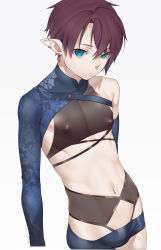 Rule 34 | 1boy, absurdres, aqua eyes, blue shorts, brown hair, closed mouth, collarbone, covered erect nipples, cropped legs, dated, detached sleeves, ear piercing, earrings, elf, expressionless, floral print, hair between eyes, highres, jewelry, looking at viewer, male focus, micro shorts, navel, navel piercing, original, parted bangs, piercing, pointy ears, revealing clothes, see-through, shorts, shrug (clothing), signature, simple background, single bare shoulder, single detached sleeve, skin tight, solo, stomach, tawapo, white background