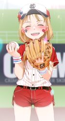 Rule 34 | 1girl, :d, ^ ^, bandaid, bandaid on face, baseball, baseball cap, baseball glove, baseball uniform, belt, blonde hair, blurry, blurry background, blush, braces, closed eyes, commentary, closed eyes, fangs, female focus, freckles, gomennasai, hat, highres, holding, long hair, open mouth, original, outdoors, short shorts, shorts, smile, solo, sportswear, upper body, wristband