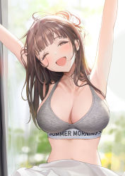 Rule 34 | 1girl, ;d, ameyame, armpits, arms up, bare shoulders, blunt bangs, blurry, blurry background, blush, breasts, brown eyes, brown hair, cleavage, collarbone, commentary, curtains, highres, idolmaster, idolmaster shiny colors, large breasts, long hair, looking at viewer, midriff, navel, one eye closed, open mouth, smile, solo, sonoda chiyoko, sports bra, waking up