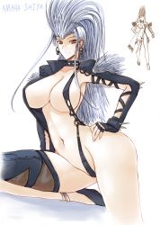 Rule 34 | 1girl, breasts, haganef, highres, large breasts, navel, original, silver hair, solo