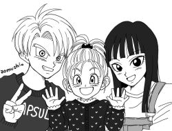 Rule 34 | 1boy, 2girls, :d, artist name, black eyes, black hair, bra (dragon ball), brother and sister, capsule corp, dragon ball, dragonball z, greyscale, hands up, happy, long hair, long sleeves, looking at viewer, mai (dragon ball), monochrome, multiple girls, open mouth, overalls, ponytail, short hair, siblings, simple background, smile, trunks (dragon ball), v, white background