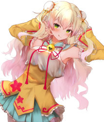 Rule 34 | 1girl, :p, armpits, arms up, blonde hair, chinese clothes, detached sleeves, green eyes, hair between eyes, highres, hololive, long hair, looking at viewer, momosuzu nene, momosuzu nene (old design), simple background, solo, tongue, tongue out, virtual youtuber, white background