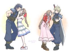 Rule 34 | 1girl, 2boys, aerith gainsborough, age progression, armor, arms behind back, baggy pants, belt, black hair, blonde hair, blue eyes, blue pants, blue shirt, blush, boots, braid, braided ponytail, breasts, brown footwear, brown gloves, brown hair, buster sword, closed eyes, cloud strife, couple, crisis core final fantasy vii, cropped jacket, crossed arms, dress, final fantasy, final fantasy vii, final fantasy vii remake, full body, gloves, green eyes, grin, hair between eyes, hair ribbon, hair slicked back, hand on own hip, jacket, leaning forward, long dress, long hair, medium breasts, medium hair, multiple belts, multiple boys, multiple views, official alternate costume, pants, parted bangs, pink dress, pink ribbon, red jacket, red ribbon, ribbon, sandals, shirt, short hair, short sleeves, shoulder armor, sidelocks, sleeveless, sleeveless turtleneck, smile, spiked hair, square enix, standing, sundress, teeth, tiptoes, turtleneck, twitter username, wavy hair, weapon, weapon on back, wedge heels, whispering, white dress, you (blacknwhite), zack fair