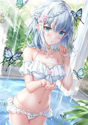 Rule 34 | 1girl, aqua eyes, bad id, bad pixiv id, bare shoulders, bikini, blush, braid, bug, butterfly, collarbone, commentary request, flower, frilled swimsuit, frills, hair flower, hair ornament, highres, insect, kyariko, looking at viewer, medium hair, original, partial commentary, pool, revision, slit pupils, solo, standing, standing on liquid, sunlight, swimsuit, water, white bikini