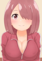 Rule 34 | 1girl, absurdres, arms under breasts, blush, breasts, brown background, cleavage, crossed arms, covered erect nipples, hair over one eye, highres, hoshino miyako (wataten), jersey, large breasts, looking at viewer, medium hair, no bra, poa mellhen, red eyes, red hair, simple background, smile, solo, unzipped, upper body, watashi ni tenshi ga maiorita!