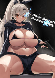 Rule 34 | 1girl, absurdres, black bra, black choker, black jacket, black shorts, blue fire, blush, bra, breasts, brown eyes, brown hair, choker, cleavage, closed mouth, commission, curvy, earrings, fire, five-seven (girls&#039; frontline), flaming eye, fn five-seven, girls&#039; frontline, gun, hair ornament, hair ribbon, handgun, highres, holding, holding gun, holding weapon, huge breasts, jacket, jewelry, long hair, long sleeves, navel piercing, piercing, pixiv commission, ponytail, ribbon, shio05 (05 sio), shorts, sitting, smile, solo, spread legs, thick thighs, thighs, underboob, underwear, weapon