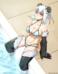 Rule 34 | 1girl, arm support, artist name, bikini, blue bikini, body fur, breasts, claws, cleavage, double bun, eyeshadow, food in mouth, frenchthenhen, hair bun, half-closed eyes, highres, large breasts, makeup, melting, monster girl encyclopedia, navel, panda girl, pool, popsicle, popsicle in mouth, ren xiongmao, sitting, soaking feet, solo, swimsuit, water, white hair