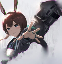 Rule 34 | 1girl, 1other, absurdres, amiya (arknights), animal ears, arknights, black jacket, blue eyes, blush, brown hair, clenched teeth, commentary, doctor (arknights), hidulume, highres, hood, hooded jacket, jacket, jewelry, long hair, long sleeves, looking at viewer, multiple rings, open clothes, open hand, open jacket, ponytail, rabbit ears, reaching, reaching towards viewer, ring, shirt, simple background, tearing up, teeth, upper body