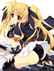 Rule 34 | 00s, 1girl, ass, bardiche (axe form) (nanoha), bardiche (nanoha), belt, black thighhighs, blonde hair, blush, cape, fate testarossa, fate testarossa (movie 1st form), gloves, hair ribbon, kneeling, leather, looking back, lyrical nanoha, mahou shoujo lyrical nanoha, mitsuki mantarou, red eyes, ribbon, shiny clothes, sitting, solo, thighhighs, twintails