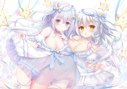 Rule 34 | 2girls, babydoll, blush, bra, breasts, cleavage, covered navel, finger to mouth, hair ornament, highres, large breasts, lingerie, long hair, looking at viewer, multiple girls, open mouth, original, panties, purple eyes, ribbon, see-through, shirosei mochi, thighs, underwear, white bra, white hair, white panties, yellow eyes