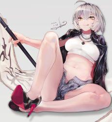 Rule 34 | 1girl, ahoge, black jacket, breasts, brown eyes, crop top, dated, denim, denim shorts, earrings, fate/grand order, fate (series), flag, high heels, highres, holding, holding flag, jacket, jeanne d&#039;arc (fate), jeanne d&#039;arc alter (avenger) (fate), jeanne d&#039;arc alter (fate), jewelry, looking at viewer, medium breasts, navel, necklace, open clothes, open jacket, shirasu (19san), short hair, shorts, signature, silver hair, simple background, sitting, smile, solo, white background