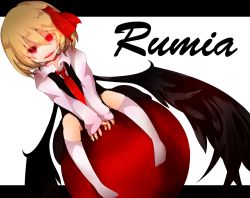 Rule 34 | 1girl, bad id, bad nicoseiga id, black wings, character name, female focus, glowing, glowing eyes, hair ribbon, long sleeves, necktie, ogami ren, onoue ren, open mouth, red eyes, red necktie, ribbon, rumia, short hair, sitting, smile, solo, touhou, wings