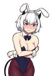 Rule 34 | 1girl, alternate costume, animal ears, bare shoulders, black bow, black bowtie, black leotard, blush, bow, bowtie, breasts, cleavage, collarbone, commentary request, covered navel, cowboy shot, crossed arms, demon girl, demon horns, detached collar, fake animal ears, fishnets, helltaker, horns, leotard, looking at viewer, malina (helltaker), pantyhose, playboy bunny, rabbit ears, red eyes, red pantyhose, shiny skin, short hair, simple background, solo, strapless, strapless leotard, tail, tsukudani (coke-buta), wavy mouth, white background, white hair, wrist cuffs