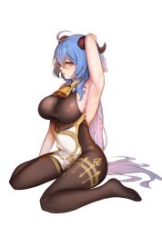 Rule 34 | 1girl, absurdres, armpits, arms up, bell, blue hair, blush, bodysuit, breasts, cowbell, detached sleeves, from side, full body, ganyu (genshin impact), genshin impact, goat horns, half-closed eyes, highres, hokaru, horns, large breasts, long sleeves, purple eyes, sideboob, simple background, sleeveless, solo, white background
