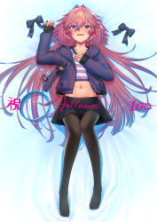 Rule 34 | 1boy, absurdres, astolfo (fate), astolfo (memories at trifas) (fate), bad id, bad pixiv id, black pantyhose, bow, collarbone, fang, fate/apocrypha, fate/grand order, fate (series), hair bow, hair intakes, hair ribbon, highres, jacket, long braid, looking at viewer, male focus, multicolored hair, navel, no shoes, official alternate costume, pantyhose, pink hair, pleated skirt, purple bow, purple eyes, purple jacket, ribbon, shirt, skin fang, skirt, solo, streaked hair, striped clothes, striped shirt, tihoro1609, trap