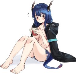 Rule 34 | 1girl, arknights, bare legs, barefoot, black jacket, blue hair, blue shorts, blush, breasts, ch&#039;en (arknights), collarbone, commentary request, cup, dragon girl, dragon horns, dragon tail, highres, holding, holding cup, hood, hood down, hooded jacket, horns, jacket, jacket on shoulders, knees up, lily0428, long hair, looking at viewer, medium breasts, mug, navel, no shirt, notice lines, parted lips, red eyes, shadow, short shorts, shorts, simple background, sitting, solo, tail, white background