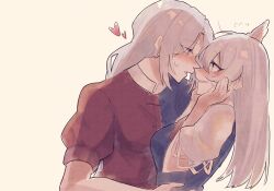 Rule 34 | 2girls, absurdres, blush, braid, braided ponytail, commentary request, eye contact, flying sweatdrops, from side, grey hair, hands on own cheeks, hands on own face, unworn headwear, heart, highres, imminent kiss, kabedon, kamishirasawa keine, long hair, looking at another, multiple girls, puffy short sleeves, puffy sleeves, short sleeves, sidelocks, somei ooo, sweatdrop, touhou, two-tone dress, yagokoro eirin, yuri