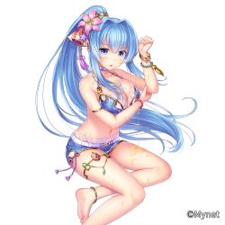 Rule 34 | 1girl, :o, anklet, bangle, bare shoulders, barefoot, bead bracelet, beads, blue eyes, blue hair, blush, bracelet, breasts, cao (sanguko infinity), company name, flower, hair flower, hair ornament, highres, jewelry, large breasts, long hair, navel, official art, oil, open mouth, otosume ruiko, sangoku infinity, simple background, sitting, swimsuit, very long hair, wet, white background