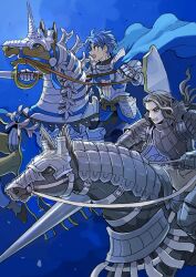 Rule 34 | 2boys, alain (unicorn overlord), armor, barding, blue background, blue cape, blue hair, cape, character request, commentary request, grey hair, highres, holding, holding polearm, holding shield, holding sword, holding weapon, horse, kumakoro (tetsupag), lance, male focus, multiple boys, open mouth, pointing sword, polearm, red eyes, shield, short hair, sword, unicorn, unicorn overlord, v-shaped eyebrows, weapon