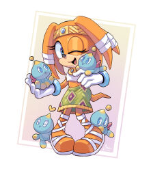 Rule 34 | 1girl, angiethecat, blue eyes, chao (sonic), eyelashes, furry, furry female, gloves, gold necklace, green skirt, hair ornament, heart, highres, jewelry, midriff, necklace, one eye closed, open mouth, orange fur, print skirt, sandals, skirt, smile, sonic (series), sonic adventure, tail, tikal the echidna