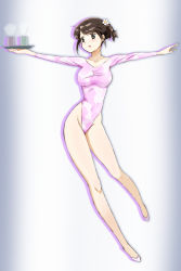 Rule 34 | 1girl, black eyes, breasts, brown hair, collarbone, commentary request, cup, flower, hair flower, hair ornament, highleg, highleg leotard, highres, holding, holding tray, kinfuji, leotard, long sleeves, looking to the side, medium breasts, original, outstretched arms, pink leotard, short hair, solo, steam, touge chayako, tray, yunomi