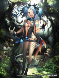 Rule 34 | 1girl, animal ears, bear, bird, blue hair, bracelet, rabbit, cameltoe, center opening, claw (weapon), fangs, force of will, fur trim, fuziwara ayumu, gem, grass, hair ornament, hairband, hairclip, jewelry, leaf, necklace, open mouth, pricia (force of will), purple eyes, rock, sandals, short shorts, shorts, solo, squirrel, tattoo, tiger, tree, twintails, weapon