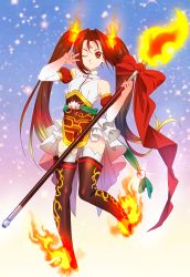 Rule 34 | 1girl, absurdres, alternate costume, boots, bow, breasts, brown eyes, brown hair, elbow gloves, facial mark, fate/grand order, fate (series), fire, flaming weapon, flower, forehead mark, gloves, highres, holding, holding weapon, lotus, magical girl, nagiko (mangalove1111), nezha (fate), one eye closed, polearm, small breasts, solo, spear, thigh boots, thighhighs, twintails, weapon