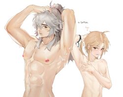 2boys abs absurdres aftersex arms_up bana_gameg blonde_hair cum grey_hair hair_over_one_eye highres honkai:_star_rail honkai_(series) jing_yuan long_hair male_focus multiple_boys muscular muscular_male navel nipples open_mouth ponytail stomach topless_male yanqing_(honkai:_star_rail) yaoi yellow_eyes