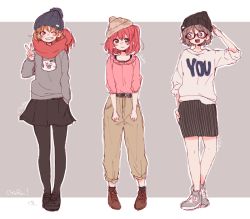 Rule 34 | 3girls, :d, ;d, artist name, beanie, blue eyes, blush, brown background, casual, character name, clothes writing, cyaron (love live!), glasses, green eyes, grey hair, grin, hat, kudo (low temp), kurosawa ruby, long sleeves, love live!, love live! sunshine!!, multiple girls, one eye closed, open mouth, orange hair, pants, pantyhose, red eyes, red hair, shoes, short hair, signature, simple background, skirt, smile, takami chika, two-tone background, v, watanabe you, white background