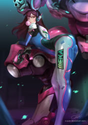 Rule 34 | 1girl, absurdres, acronym, arched back, arm cannon, arm support, armor, ass, bent over, bodysuit, boots, bracer, breasts, brown eyes, brown hair, blowing bubbles, charm (object), chewing gum, d.va (overwatch), eyelashes, facepaint, facial mark, from side, gatling gun, gloves, gun, headphones, highres, hip focus, holding, holding gun, holding weapon, leaning forward, legs, long hair, long legs, long sleeves, looking at viewer, looking back, mecha, medium breasts, meka (overwatch), o-pan, overwatch, overwatch 1, pauldrons, pilot suit, robot, shiny skin, shoulder armor, shoulder pads, signature, skin tight, solo, swept bangs, thigh boots, thigh strap, thighhighs, thighs, watermark, weapon, web address, whisker markings, white footwear, white gloves