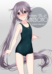 Rule 34 | 1girl, akebono (kancolle), artist name, blue one-piece swimsuit, blush, character name, checkered background, collarbone, commentary request, cowboy shot, embarrassed, eyes visible through hair, flat chest, flower, gradient background, grey background, hair between eyes, hair flaps, highres, inaba shiki, kantai collection, logo, long hair, looking at viewer, new school swimsuit, nontraditional school swimsuit, nose blush, one-hour drawing challenge, one-piece swimsuit, purple eyes, purple hair, school swimsuit, side ponytail, simple background, solo, swimsuit, very long hair, wavy mouth