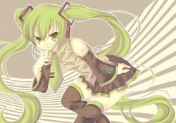 Rule 34 | 1girl, :q, detached sleeves, green eyes, green hair, hatsune miku, long hair, matching hair/eyes, necktie, skirt, smile, solo, thighhighs, tongue, tongue out, twintails, very long hair, vocaloid, yamada konayuki