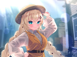 Rule 34 | 1girl, akai haato, argyle, argyle clothes, argyle shirt, arm up, belt, black belt, blonde hair, blue eyes, blush, braid, breasts, brown shirt, collared shirt, commentary request, day, fingernails, hair ornament, hand on headwear, hand on own hip, hat, heart, heart hair ornament, high belt, highres, hololive, long hair, long sleeves, looking at viewer, magowasabi, medium breasts, nail polish, puffy long sleeves, puffy sleeves, red nails, shirt, signature, smile, solo, sun hat, twin braids, twintails, twitter username, virtual youtuber, white shirt, yellow hat