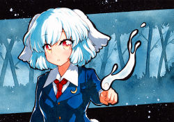 Rule 34 | 1girl, :o, bad id, bad pixiv id, blue background, blue hair, blue jacket, breasts, collared shirt, crescent, crescent pin, jacket, light blue hair, long sleeves, looking at viewer, multicolored eyes, necktie, open mouth, pointing, qqqrinkappp, red eyes, red necktie, reisen, reisen (touhou bougetsushou), shirt, short hair, small breasts, solo, swept bangs, touhou, traditional media, upper body, white shirt